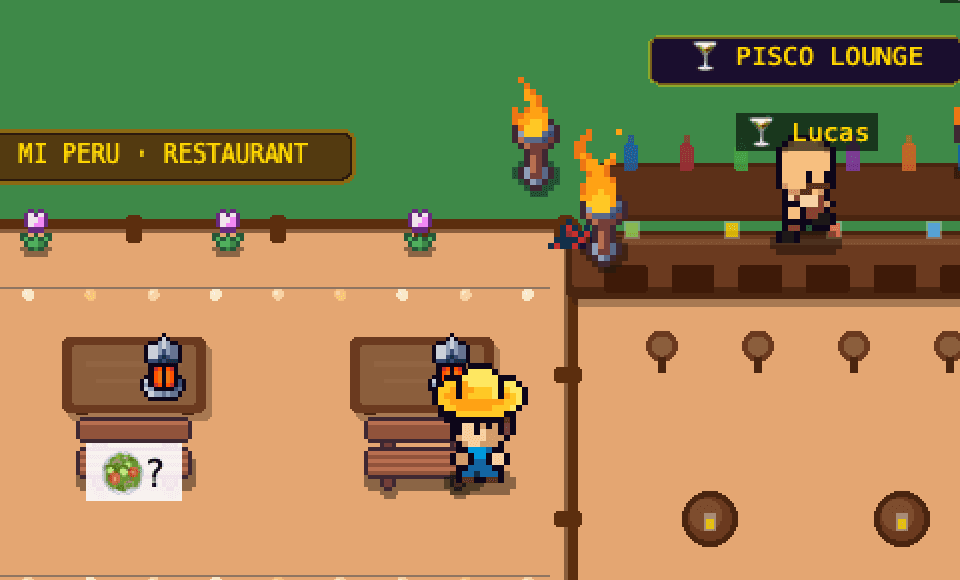 In-Game-Screenshot aus Lomo Saltado Tycoon: der Gastraum des Mi-Peru-Restaurants im Pixel-Art-Stil